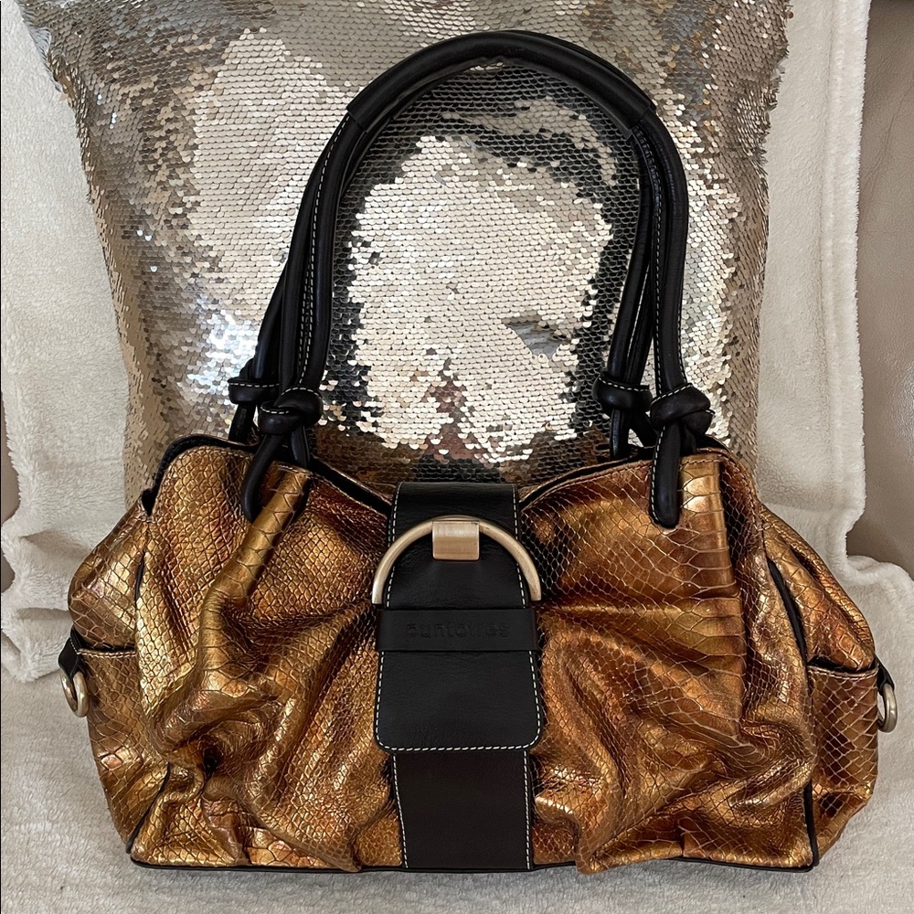 NWOT Puntotres Genuine Leather Spain Snake Print Elegant Gold Copper Handbag - Picture 12 of 12